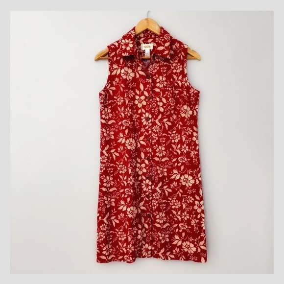 Talbots Shirt Dress Sleeveless Linen Rayon Button Front Red Tan All Over Floral - Picture 1 of 14